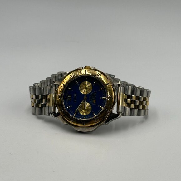Vintage Guess Moon Phase Watch Men Silver Gold Two-Tone Blue Dial New Battery - Picture 6 of 12
